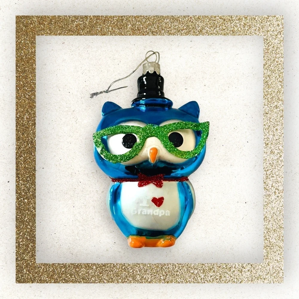 Vintage Owl Glass Ornament I Love Grandpa Xmas Holiday Collectible Decor